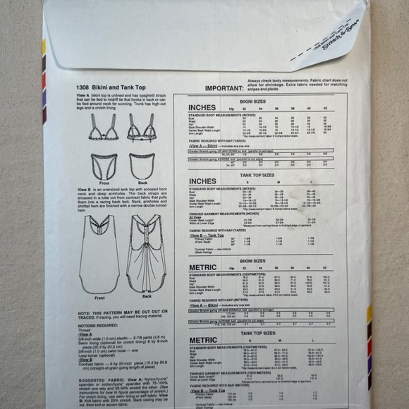 Vintage Stretch & Sew #1308 Women's Bikini and tank top sewing pattern - Picture 2 of 6